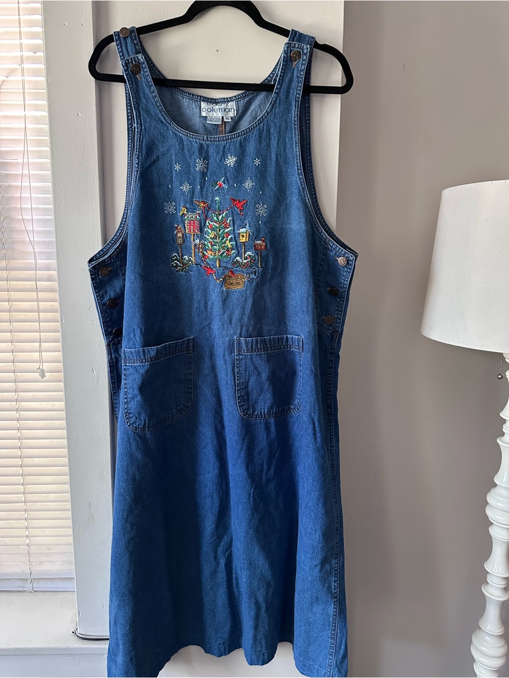 Casey Coleman Vintage Embroidered Christmas Winter Denim Midi Jumper Dress Sz XL